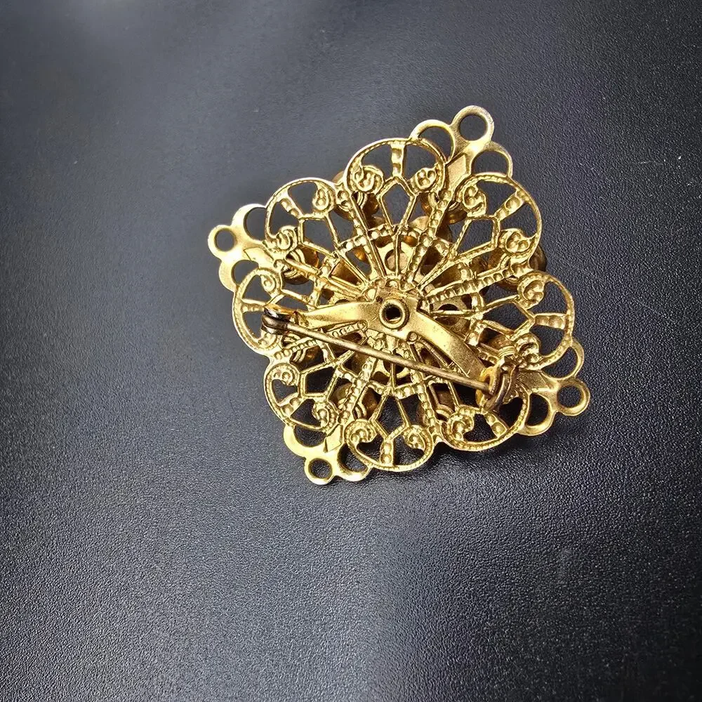 Green Rhinestone Faux Pearl Brooch Gold Tone Filigree Vintage Jewelry